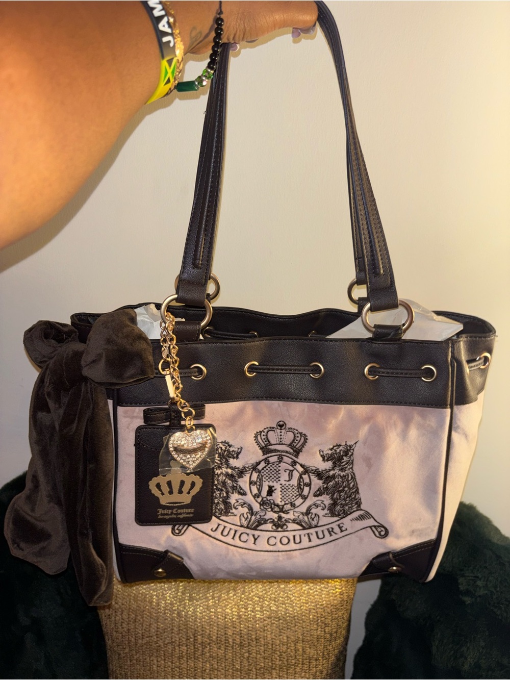 Juicy Couture Blush Pink and chocolate Velvet Scottie dog tote bag.